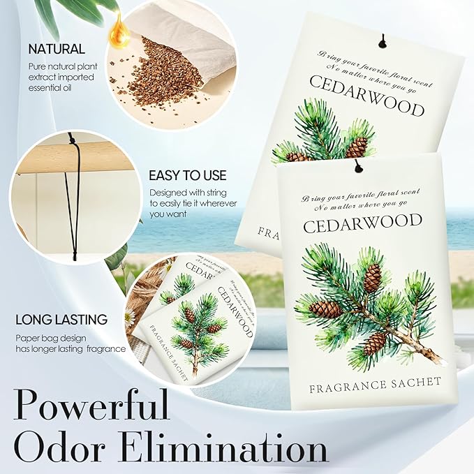 Cedarwood Scented Sachet Bags - 12 Pack Closet & Drawer Freshener, Long Lasting Odor Eliminator for Wardrobes, Cars & Storage, Home Fragrance Air Freshener Sachets