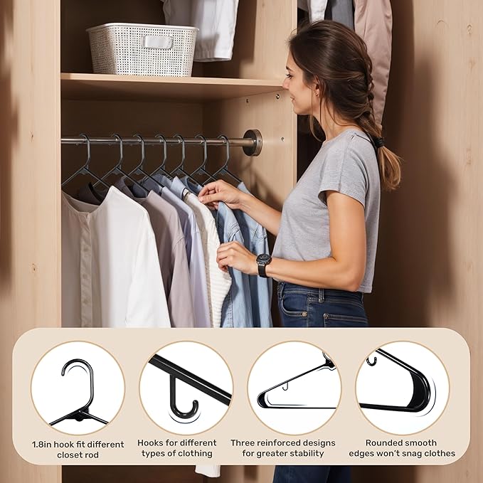 InfiniPower 50 Pack Plastic Hangers, with Non-Slip Hooks, Space-Saving Design for Shirts, Coats, Dresses & Garments, Black
