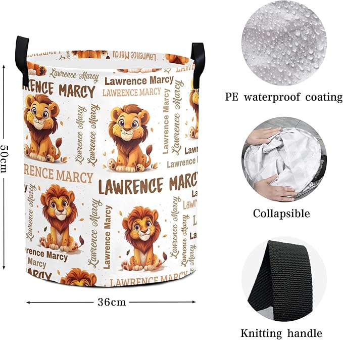Large Custom Name Laundry Hamper, Lion Personalized Dirty Clothes Hamper Storage Basket with Name for Bathroom Bedrooms, Customized Name Circular Hamper with Handles for Baby Boys Girls Men Women