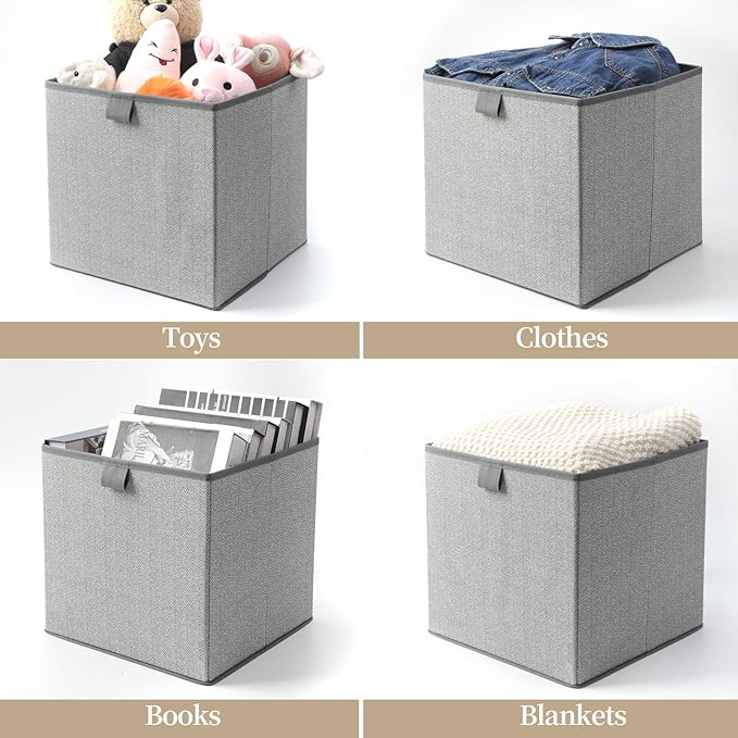Storage Baskets, 11.8-Inch Woven Fabric Bins, Storage Cubes with Reinforced Handles, Organizer Bins for Closet Shelves, Foldable, for Toys, Clothes (3PCS/Grey-11.8*11.8*11.8inch)