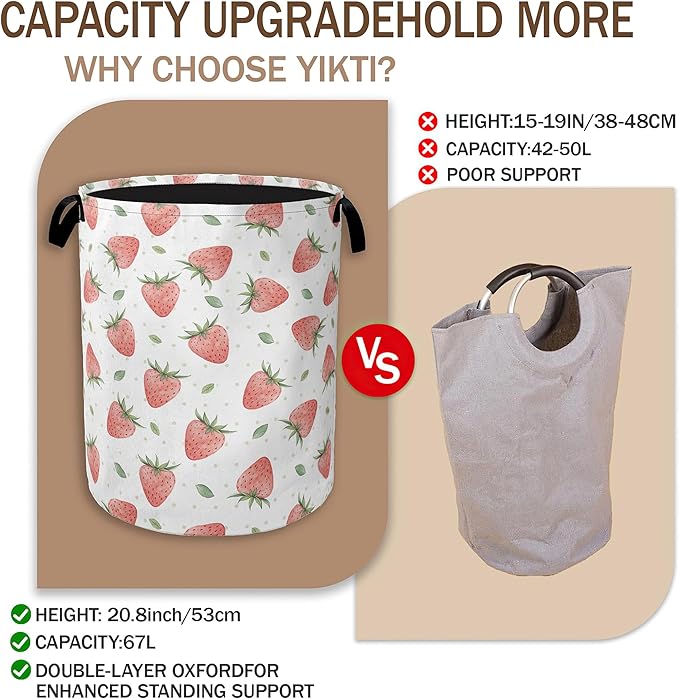 Watercolor Pink Strawberry Laundry Hamper,Green Leaves Collapsible Laundry Baskets,Waterproof Oxford Cloth Laundry Room Organization for Bedroom,Bathroom,Nursery,16x20 Inch