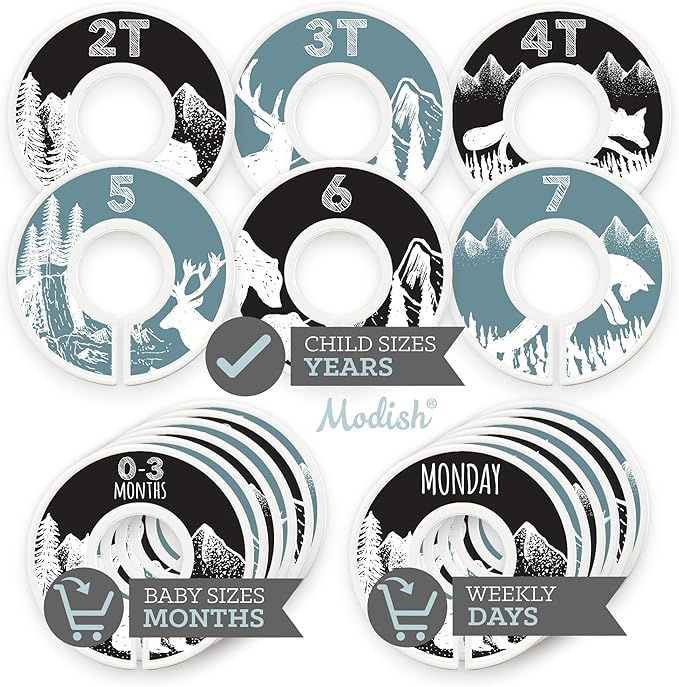 Kids Clothes Closet Organization, Hanging Size Dividers: Months & Years, Baby Toddler Children Girl Boy Neutral Black Teal Woodland Animal Outdoor Mountain Forest Safari Explorer Nursery Room Décor