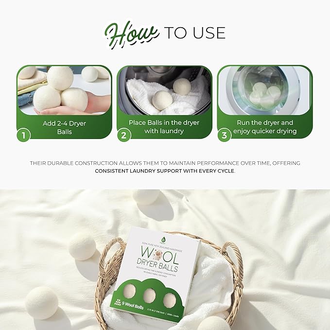 Pursonic Laundry Wool Dryer Balls Made with 100% Pure New Zealand Wool - Natural Reusable Fabric Softener Balls for Drying Time & Energy Consumption - Reduces Clothing Wrinkles & Lint - Set of 6