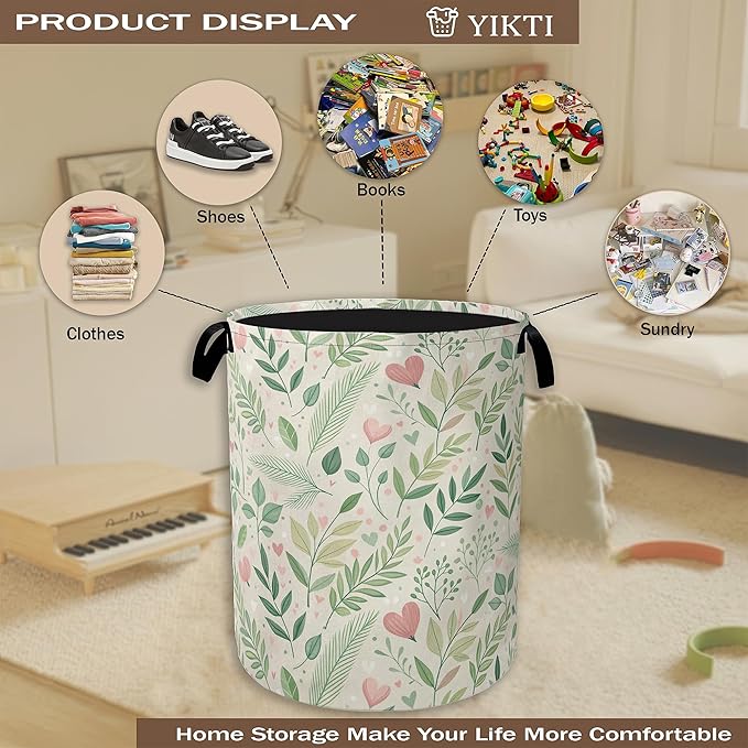 Spring Green Leaves Laundry Hamper,Rustic Wildflower Herb Clothes Hamper for Laundry,Waterproof Oxford Toy Storage Collapsible Hampers for Bedroom, Dorm Room,Bathroom,16x20 Inch
