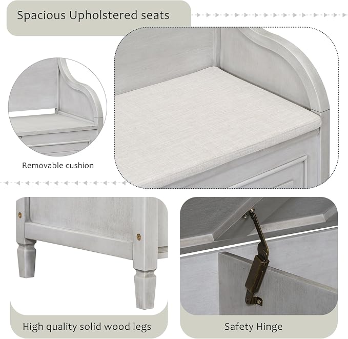 42" Rustic Storage Bench Entryway Bench Shoe Cabinet Ottoman with Safety Hinge, Removable Seat Cushion & Hidden Storage Space for Hallway Entryway Living Room Mudroom End of Bed (Gray Wash)