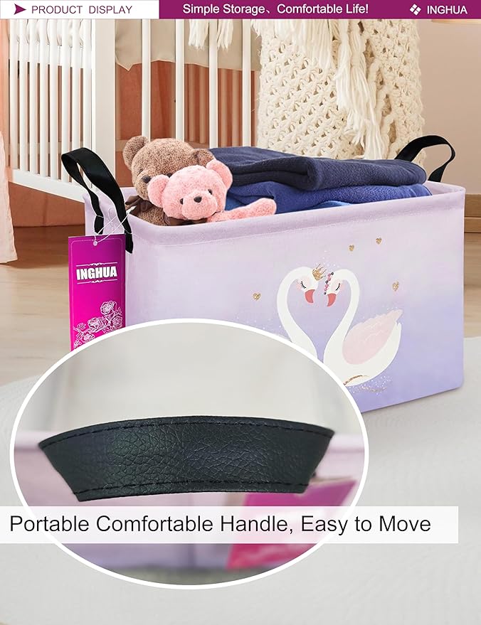 Rectangular Storage Basket Fabric Organizer Bin for Toys,Books,Clothes,Gifts,Pets-Perfect for Home,Office,Nursery,Dorm,Shelf(Rec-Love Swans )