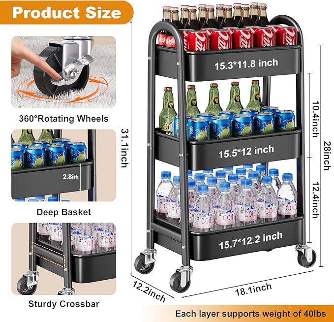 3 Tier Black Rolling Cart Metal with Wheels, Basket, Cups & Hooks, Three Tier Utility Carts on Wheels, Can Organizer for Pantry Floor, Kitchen Storage Rack, Snack Shelf Carts, Vianderos para Cocina