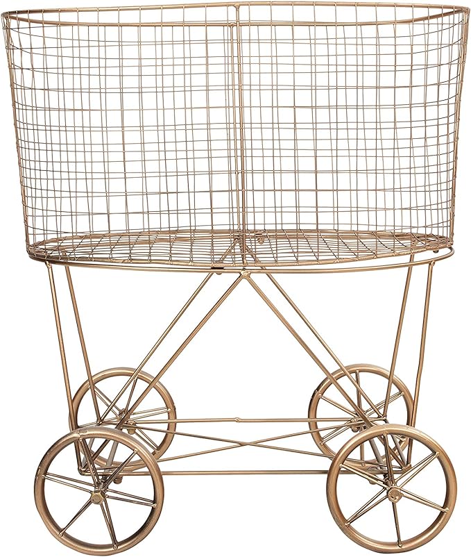 Creative Co-Op Vintage Reproduction Decorative Metal Laundry Basket on Wheels, Copper