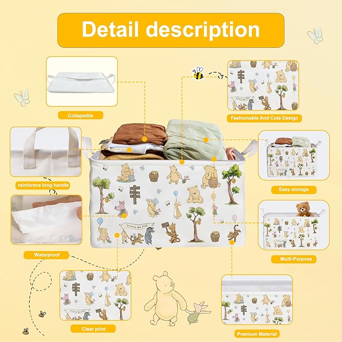 Winnie Storage Nursery Basket,Large squarecanvas Laundry Hamper WithWinnie baby Stuff A Waterproof PECoating, Foldable, Bathroom and Bedroom SetClothes ,Toys Bin, Baby Nursery HamperDecor