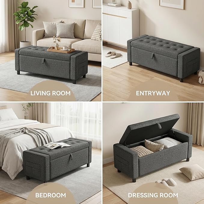 Amada 46" Ottoman with Storage,Storage Ottoman Bench with Safety Hinge, Hidden Compartment & Side Pocket, 400 lbs Weight Capacity, end of Bed/Entryway Bench for Bedroom/Living Room, Dark Gray