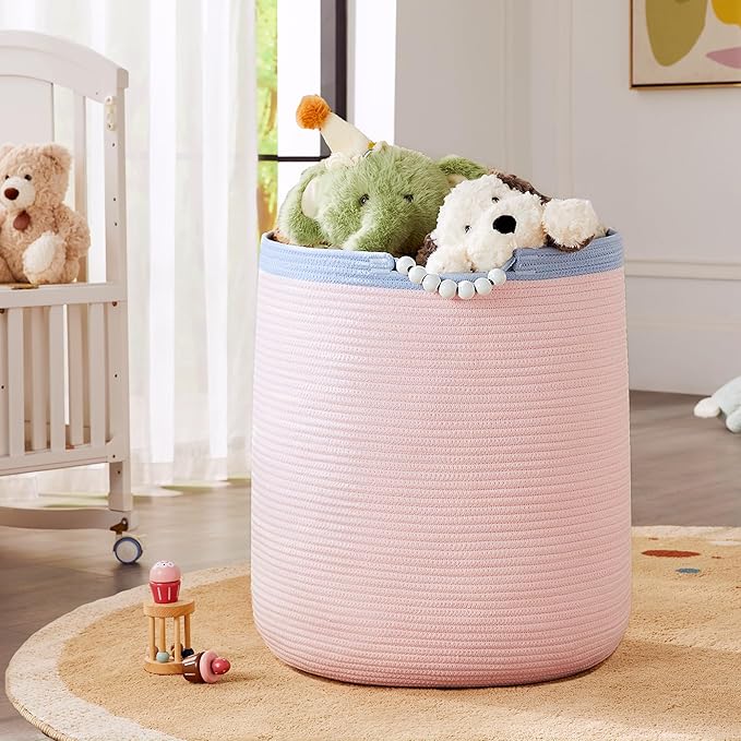 90L Large Pink Woven Rope Laundry Hamper Basket for Clohtes Boho Tall Rope Baskets for Blanket Baby Nursery Hamper for Girls Kids 17"Wide 22"Tall
