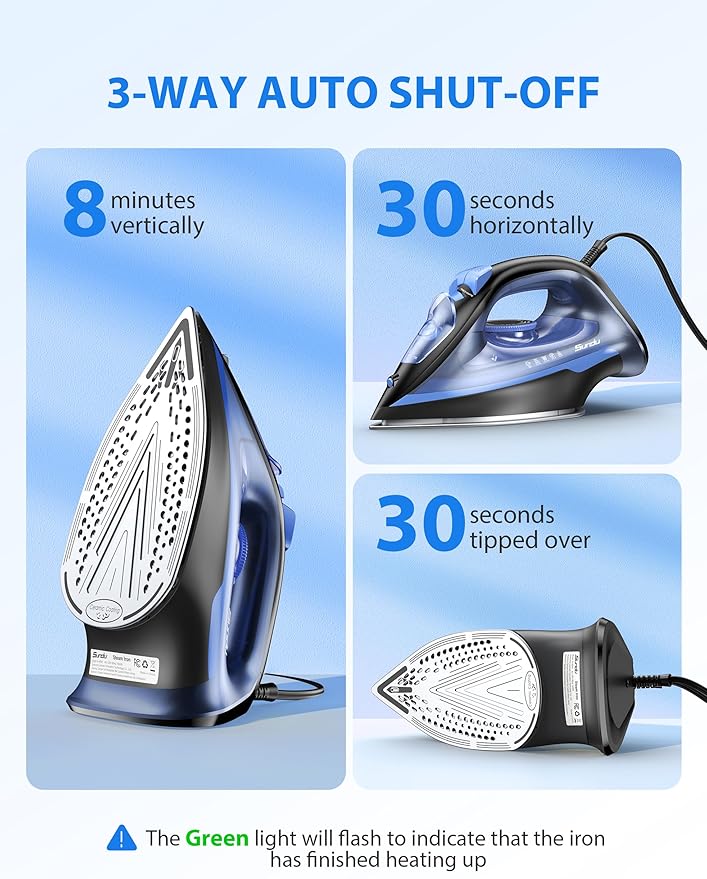 1500-Watt Steam Iron with Ceramic-Coated Soleplate and Burst Steam, 3-Way Auto-Off, Temperature Settings for Variable Fabric