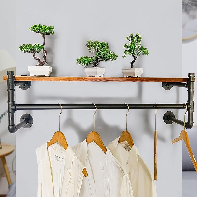 WEBI Wall Mounted Clothes Rack with Shelf,41.3" Long Industrial Pipe Clothing Rack with Shelves,Heavy Duty Iron Garment Rack Bar,Retail Display Clothes Rod for Clothes,Laundry Room,Black