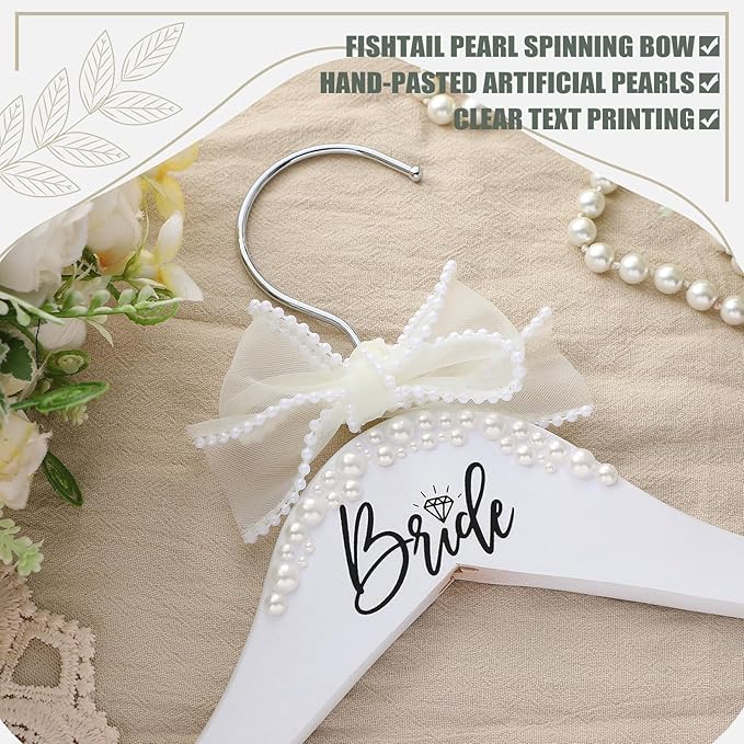 Bride Wedding Dress Pearl Mrs. Hanger with Pearl Ribbon Bow Elegant Wooden Dress Hanger to Be Ideal Keepsake for Wedding Day Gift(White,Bride)
