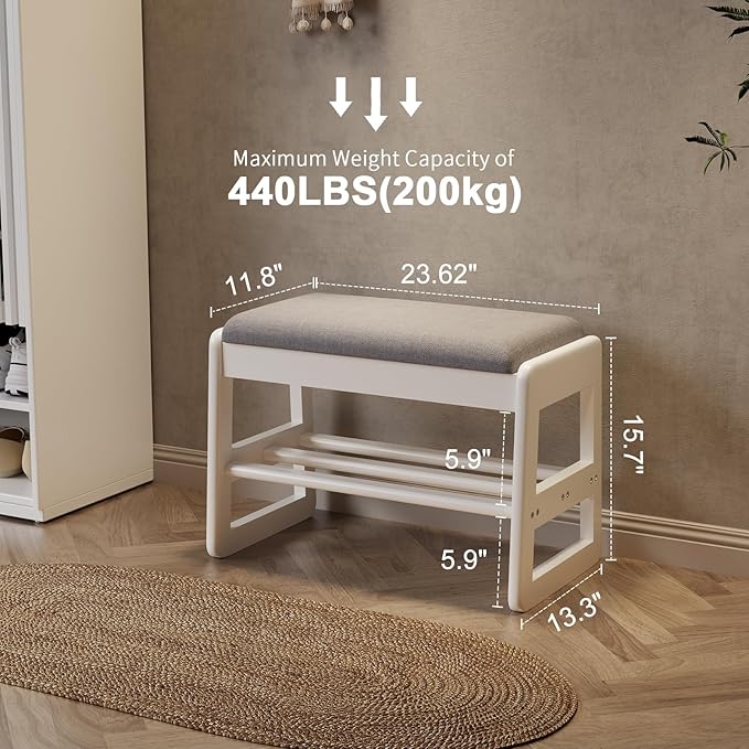 AQIMUELE Small Shoe Rack Bench,2 Tiers Shoe Bench with Storage with Flip-Top,Wood Shoe Rack for Entryway,Hallway（White Upholstered Seat）