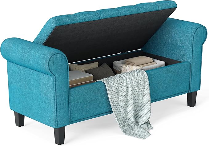 HOMCOM 50" Storage Ottoman Bench, Upholstered End of Bed Bench with Rolled Arms, Wood Legs, Button Tufted Storage Bench with Safety Hinges for Living Room, Entryway, Bedroom, Teal