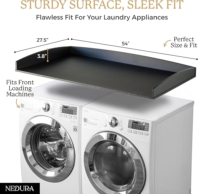 Nedura Washer Dryer Countertop w/Anti-Vibration Pads & Curved Edge Rails, Premium Bamboo Laundry Countertop, Washer Dryer Topper, Laundry Room Organization, Laundry Accessory, Designed in USA - Black