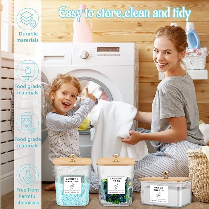 5 Pcs Laundry Room Organization Storage Containers 4 Large 3L Laundry Pod Containers and Dryer Sheet Holder with Bamboo Lids 18 Labels 4 Scoops for Detergent Powder Laundry Organizer