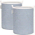 Sea Team 2-Pack 19.7 Inches Large Sized Waterproof Coating Ramie Cotton Fabric Folding Laundry Hamper Bucket Cylindric Burlap Canvas Storage Basket (19.7", Navy Blue & White Stripe)