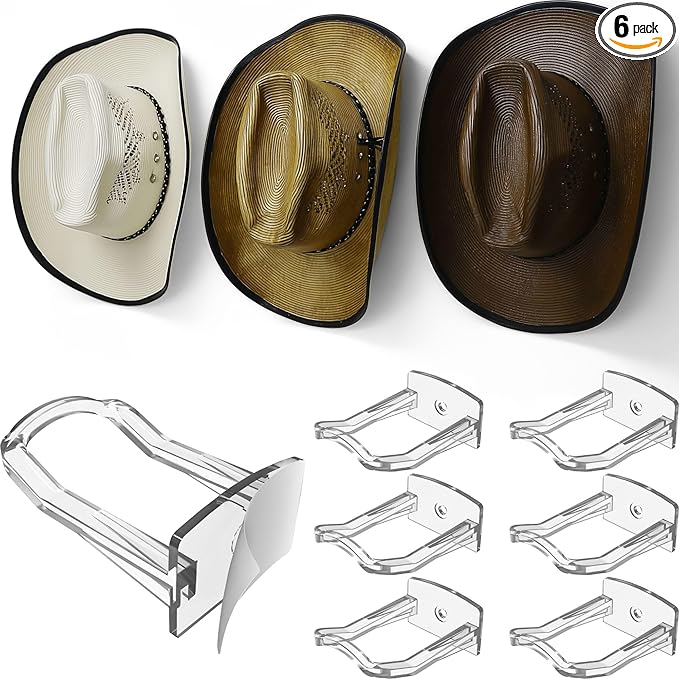 Modern JP Adhesive Cowboy Hat Hooks for Wall (6-Pack) – 3-Inch Wall Mount for Secure Hold, Wide Brim Hat Organizer, Western Room Decor – Clear