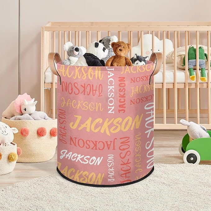 Custom Name Large Laundry-Basket for Kids-Boys-Girls, Personalized Foldable Waterproof Laundry Hamper Dirty Clothes Toys Storage Bin with Handles,Pink