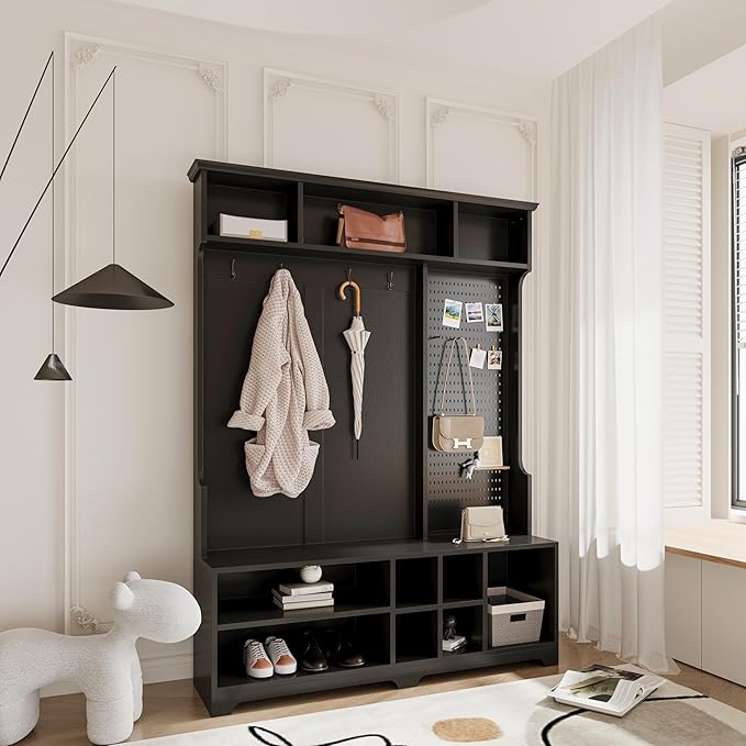 4-in-1 Wide Hall Tree with Shoe Bench, Coat Rack, Shoe Storage, Storage Shelves and Pegboard, Wood Entryway Coat Hanger for Hallways Halls Living Room (Black-757)