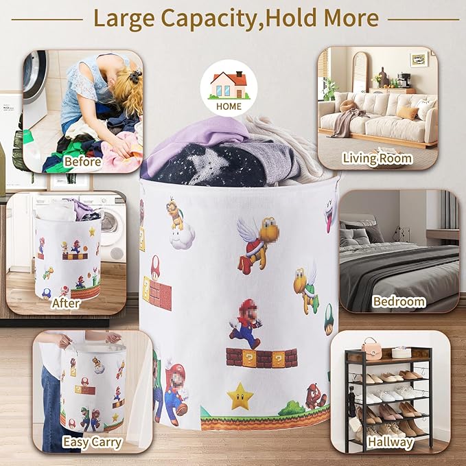 Super Storage Basket,Baby Laundry Large Hamper,Waterproof Nursery Bedroom Decor,Brothers Dirty Clothes Basket for Kids,Boys and Girls Birthday Gift Bag Bathroom Set Toy Bin(White,Round)