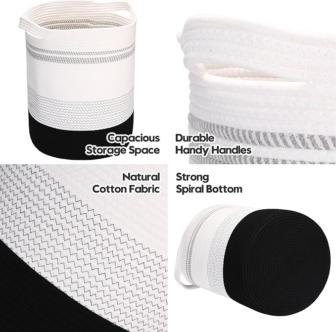 Sea Team Large Size Cotton Rope Woven Storage Basket with Handles, Laundry Hamper, Fabric Bucket, Drum, Clothes Blankets Organizer for Kid's Room, 18 x 20 inches, Round Open Design, White & Black