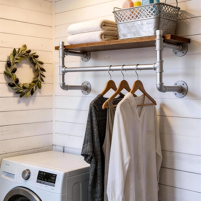 WEBI Wall Mounted Clothes Rack with Shelf,30" Industrial Pipe Clothing Rack with Shelf with Hanging Rod,Heavy Duty Iron Garment Rack Bar,Retail Display Clothes Rod for Laundry Room,Closet,Silver