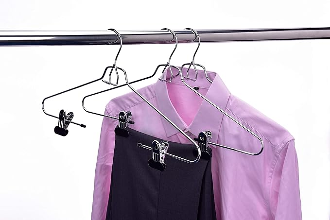 Quality Hangers Pant Hanger 60-Pack, Heavy-Duty Add-On Skirt Hangers with Wide Clips, Multi-Stackable, Chrome Finish