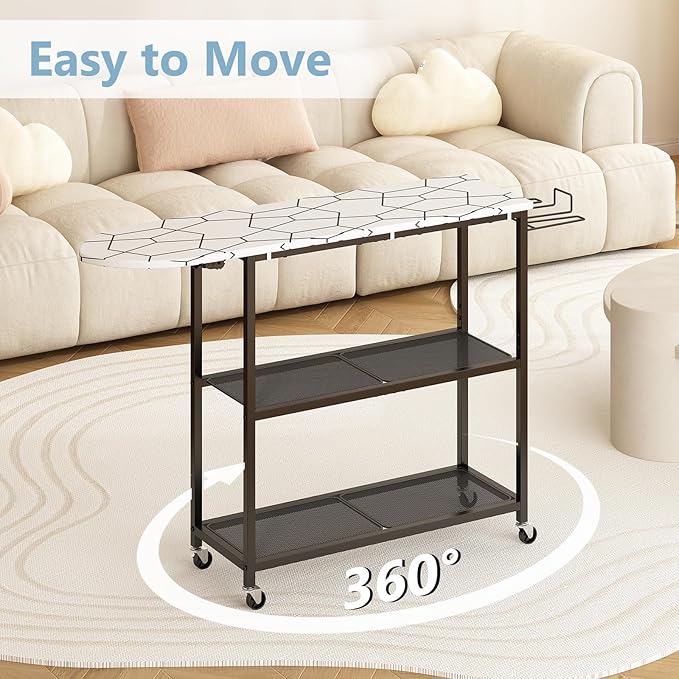 GILLAS Ironing Board with 2 Tier Storage Basket, Movable Ironing Board Full Size for Iron Rest & Clothes, Tabletop Ironing Boards, Ironing Stand Iron Boards Ironing Table Rustic, White