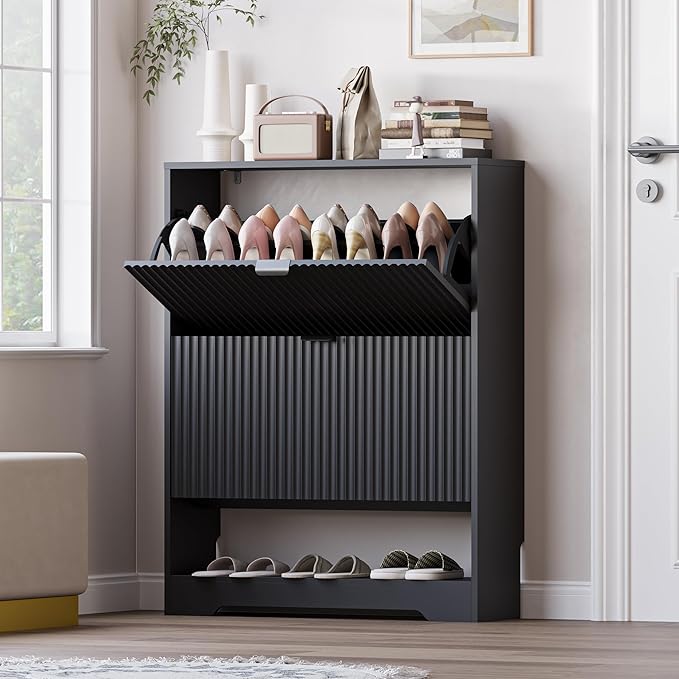 Shoe Cabinet with 2 Flip Drawers, Fluted Shoe Storage Cabinet with Adjustable Shelves, Freestanding Rack and Organizer for Entryway, Closet, Hallway