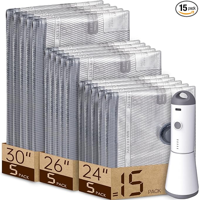 Vacuum Bags for Travel with Rechargeable air Pump, Carry-on Size Compression Packing Bags for Luggage and Suitcase, Space Saver for Clothes and Clothing 15 Combo Travel Size