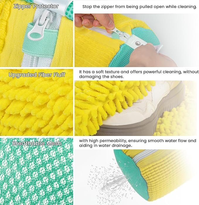 1pc Shoe Washing Machine Bag, Sneaker Laundry Bag for Washing Machine, Extra Long and Thick Microfibre Fluff, Reusable for Washer and Dryer (1pc, Yellowish Green)