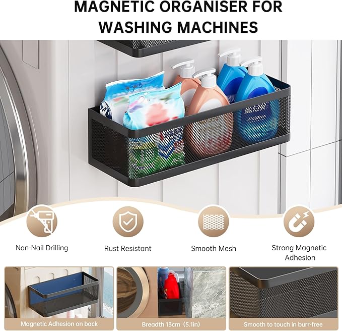 Magnetic Shelf for Washing Machine Laundry Room Magnetic Organizer Laundry Shelves Organizer Washing Machine Shelf Hanging Basket Storage Magnet Fridge Shelves (Black, L13.78in*W5.12in*H3.94in)