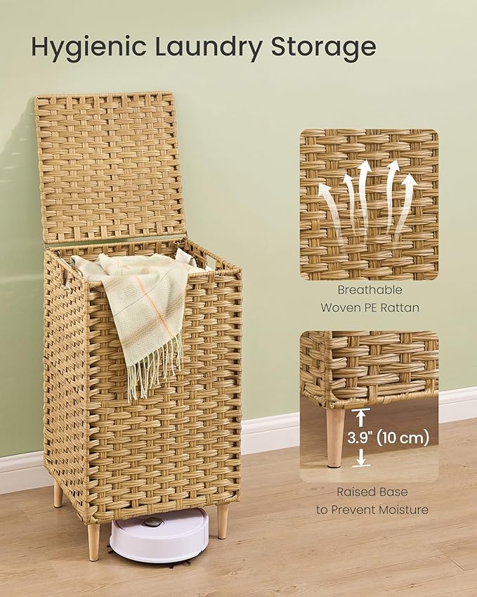 SONGMICS Laundry Hamper with Lid, 25 Gal. (95 L) PE Rattan Laundry Basket with Lid and Handles, Natural Material,Removable Machine Washable Liner, Goose Yellow ULCB221YE01