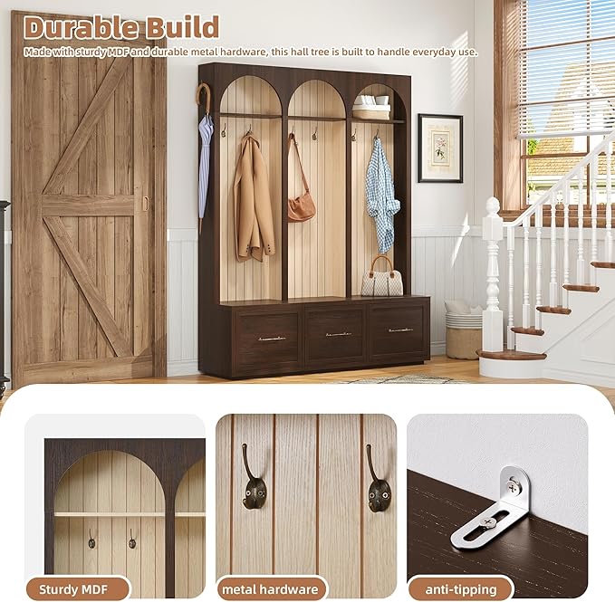 Farmhouse Hall Tree with Three Arched Design, All-in-One Design Wooden Coat Rack & Shoe Organizer with 3 Drawers, 59" Wide Entryway Bench with 8 Retro Hooks for Mudroom, Living Room (Dark Walnut//538)