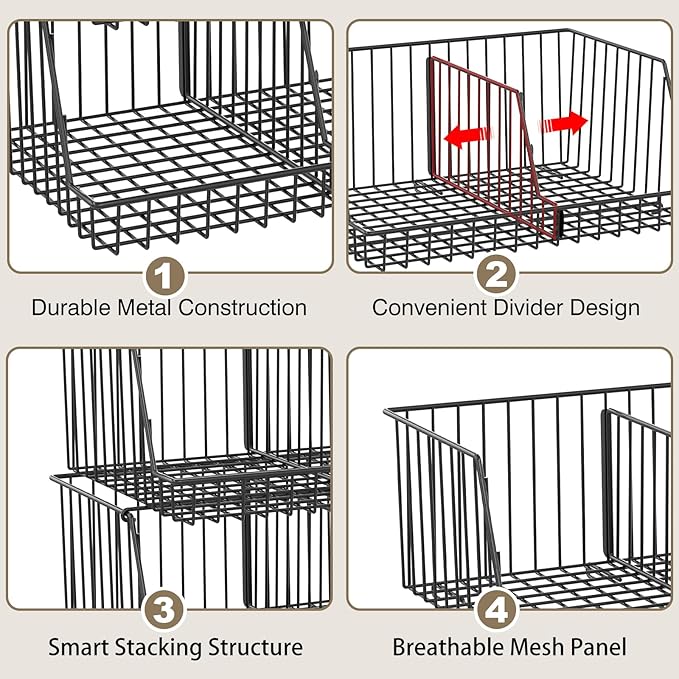 3-Tier Stackable Closet Organizers and Storage, Metal Wire Closet Shelves, Space-Saving Closet Organizer with Adjustable Dividers for Bedroom, Cabinet & Laundry Room