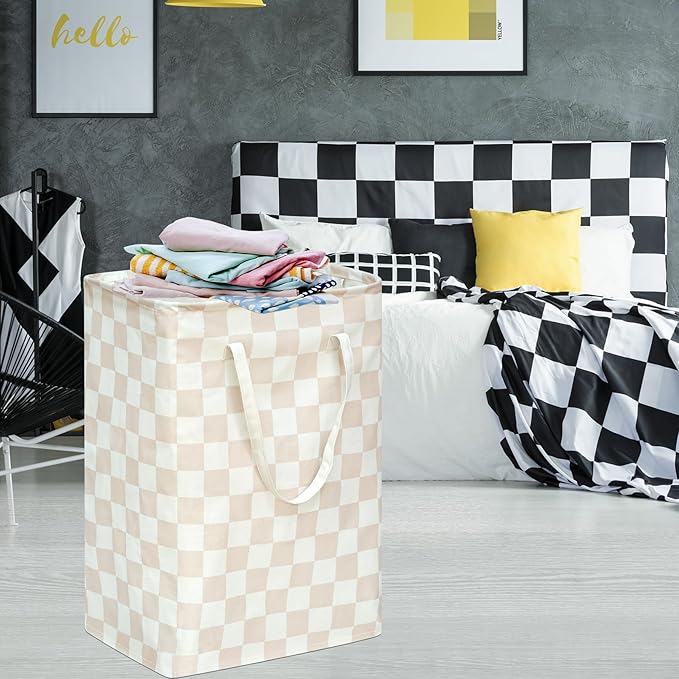 Beige Checkered Laundry Basket Girls Hamper Storage Bins Organizer Toy Box Large Canvas Collapsible Chest for Home/Dorm/Kitchen/Pet/Office/Closet/Shelf/Gift Baskets
