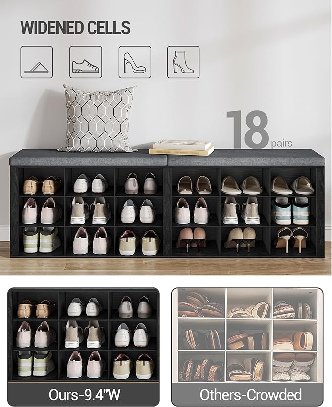 Shoe Storage Bench with Cushion, Entryway Storage Bench with 18 Cubbies, 9.5" Widened Organizer Cabinet, Long Cubby Rack for Living Room, Bedroom, Entryway, Black SB25704GY