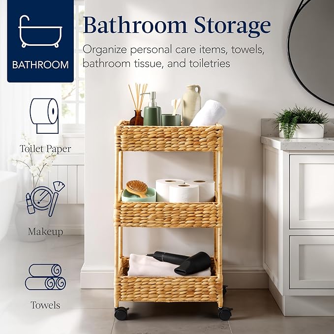Best Choice Products 3-Tier Water Hyacinth Rolling Nursery Caddy w/Wheels, Utility Cart, Storage Organization for Bathroom, Craft Room, Laundry Room– Natural