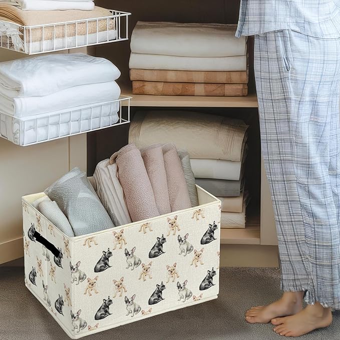 French Bulldog Dog Storage Bins & Boxes with Handles, Frenchie Dog Foldable Basket for Organizing, French Bulldog Gifts Collapsible Storage Basket for Bedroom Room Bathroom Clothes Toys Books