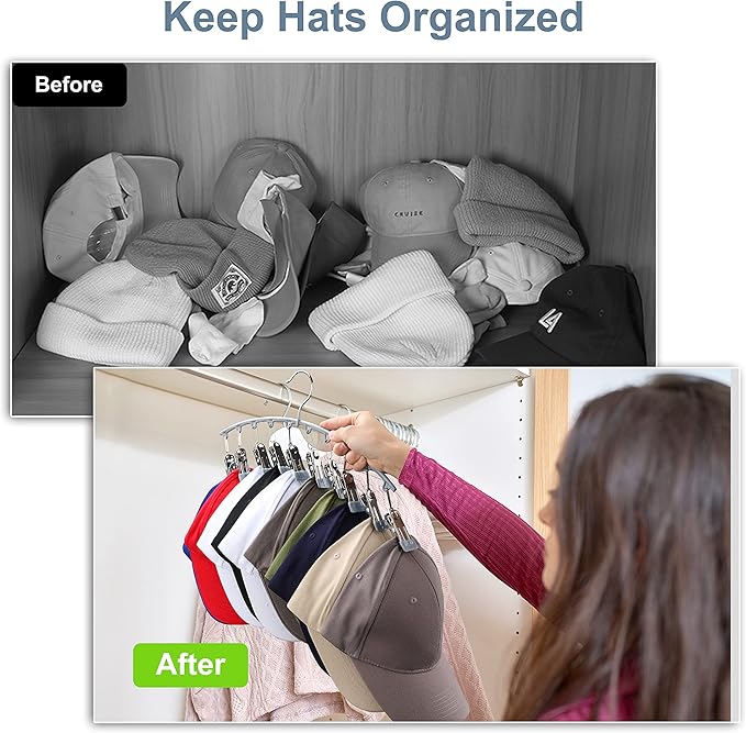 Hat Hangers for Closet, Metal Hat Organizer for Baseball Caps 2 Pack Door Hat Racks for Baseball Caps with 10 Large Clips, Baseball Cap Hangers for Closet Storage, Fits All Caps-Grey, Gray