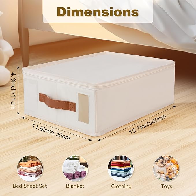 Bed Sheet Organizer 4 Pack - No Insects Entry Sheet Organizers and Storage with Zipper, Label, Handle, Window, Linen Closet Organizers and Storage for Sheet Set, Clothing, Duvet Covers, Blanket