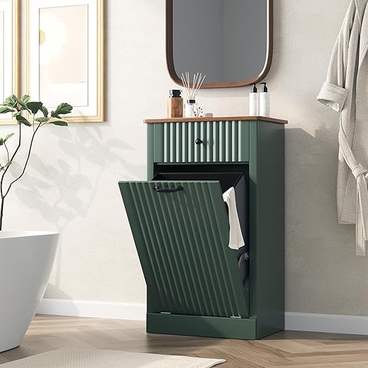 Fluted Tilt Out Laundry Hamper Cabinet, 10 Gallon Hidden Trash Can Cabinet, Wooden 2 in 1 Tilt Out Garbage Can for Kitchen, Bathroom (Green, Single)