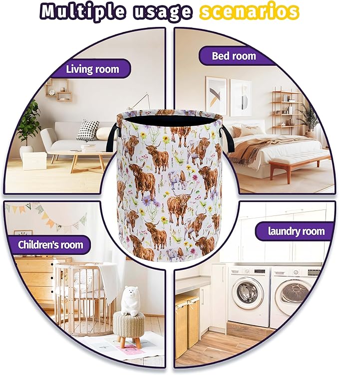 Cows Flowers Laundry Basket Foldable Oxford Cloth With Handle Portable Highland cattle Storage Basket Organizer Suitable For Laundry Room/Bedroom/Living Room/Children'S Room (18.9 X 16.5 Inch)