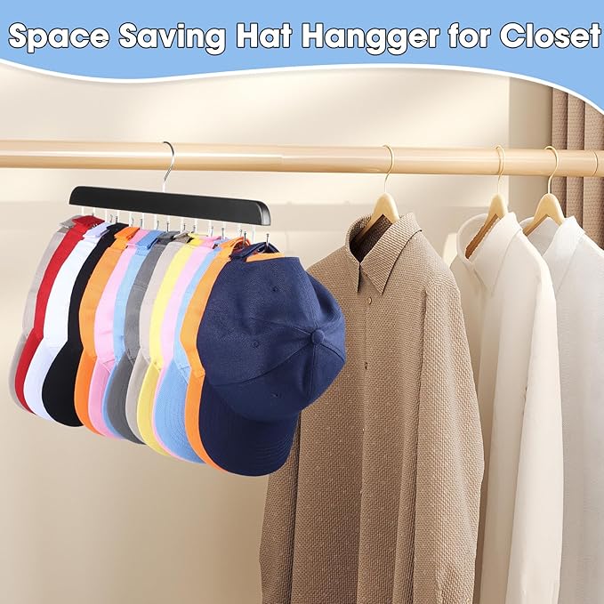 Hat Hangers for Closet, 2 Pack Hat Organizer for Baseball Caps with 14 Hooks Space Saving Hat Racks Ball Caps Hat Holder Organizer Tie Belt Hanger for Closet Storage Solution (Black)