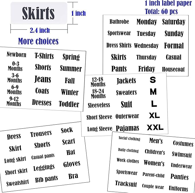 32 Pack White Clothing Rack Size Dividers Plus 75 Labels (1 Inch) and 30 Large Blank Labels, Large Rectangular Clothing Closet Dividers (Blue)
