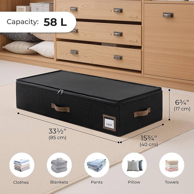 Cupic Cupid Under Bed Storage Containers, Foldable Organizer with Lid for Bedroom, Underbed Storage Box for Blankets, Clothes, Shoes, 2 Pack, Black