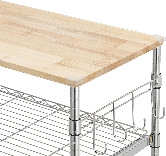 Finnhomy 3-Tier Rolling Kitchen Cart With 18" D x 30" W Oak Wood Tabletop, Kitchen Island With 4" Wheels and Slider Shelf, Microwave & Coffee Cart With Hooks for Dining Room, Chrome